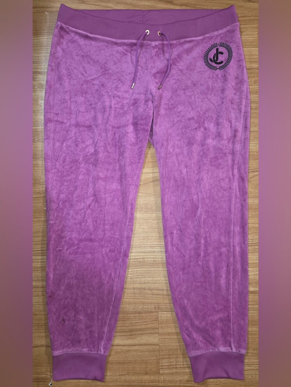 Juicy Couture Y2K Vintage Purple/Orchid Velour Black Blingy Crest Joggers Sz XL